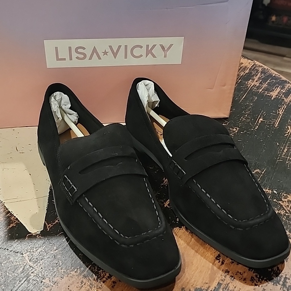 LISA VICKY Black Kid SUEDE Loafers US 9M New In Box